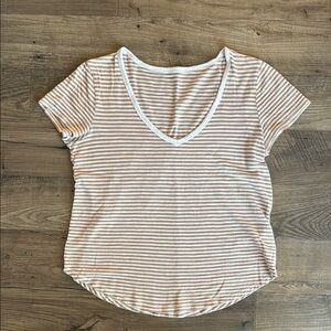 Abercrombie & Fitch Striped Tan and White V-Neck Women's Top